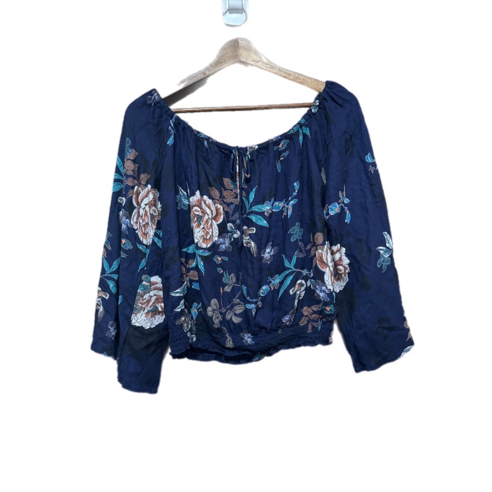 American Rag Floral Off Shoulder Blouse Womens M Navy Blue Excellent Smocked